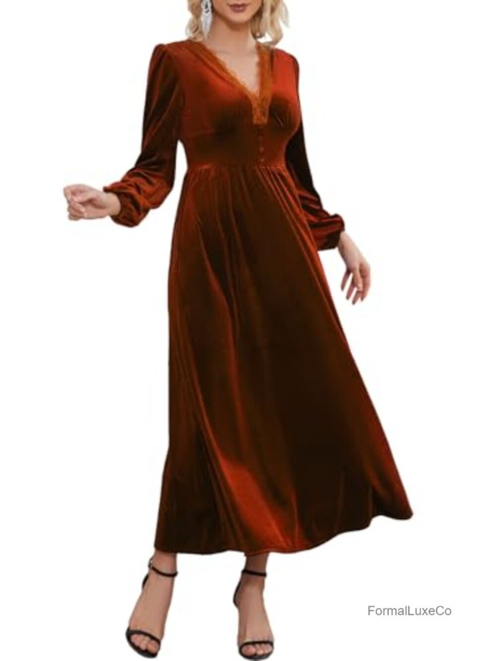 Women's Velvet Maxi Dress V Neck Lace Trim Smocked Waist Formal Wedding Guest